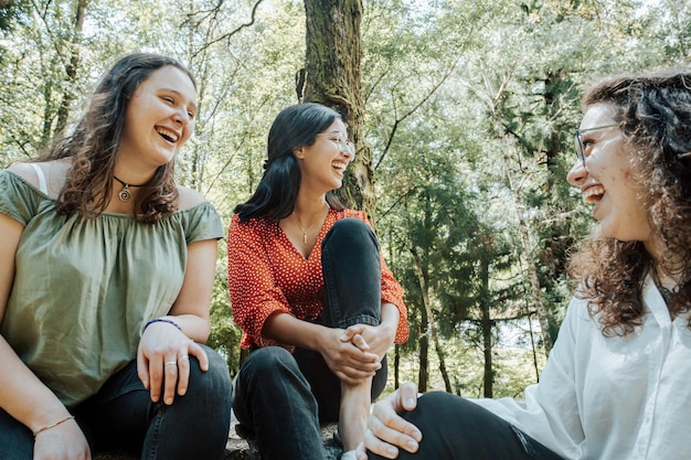 Photo portrait of smiling friends sitting on tree