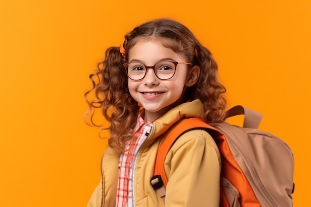 Portrait of smiling girl back to school with notebook and backpack on back isolated on a orange back