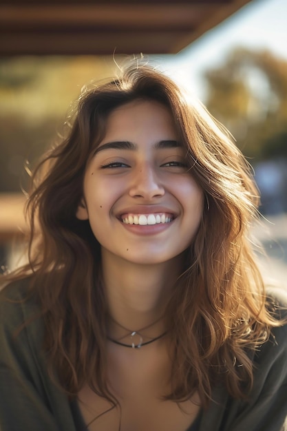 portrait of a smiling girl in her twenties with random ethnicity random head shape