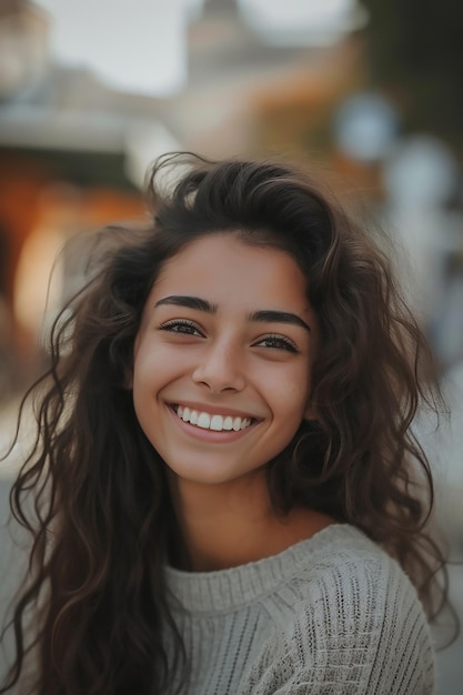 portrait of a smiling girl in her twenties with random ethnicity random head shape