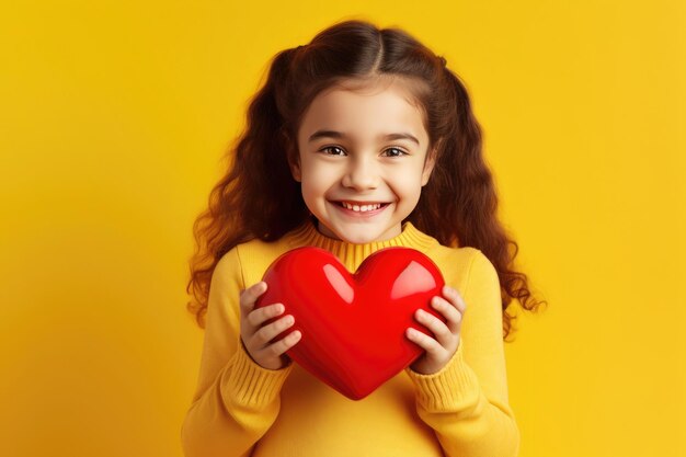 Portrait of a smiling girl holding a heart on a yellow background