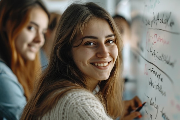 Portrait of smiling girl solving math equation on white board College student thinking and solving