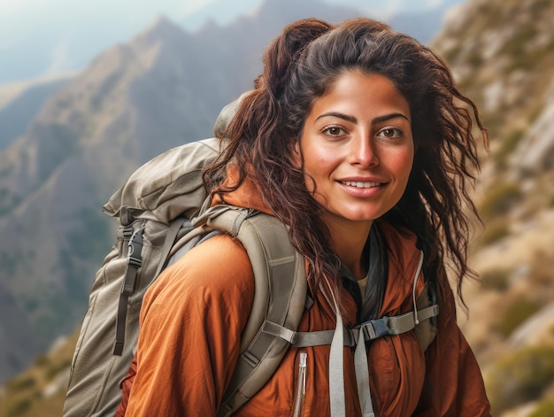 Photo a portrait of smiling girl tourist in beautiful mountain tracking route woman wear the sport active wear with backpack ai generative