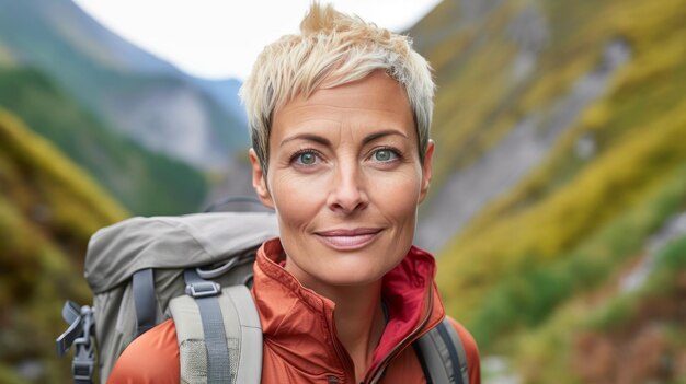 Foto un ritratto di una ragazza sorridente turista in una bellissima rotta di trekking di montagna donna indossa l'abbigliamento sportivo attivo con zaino ai generativo