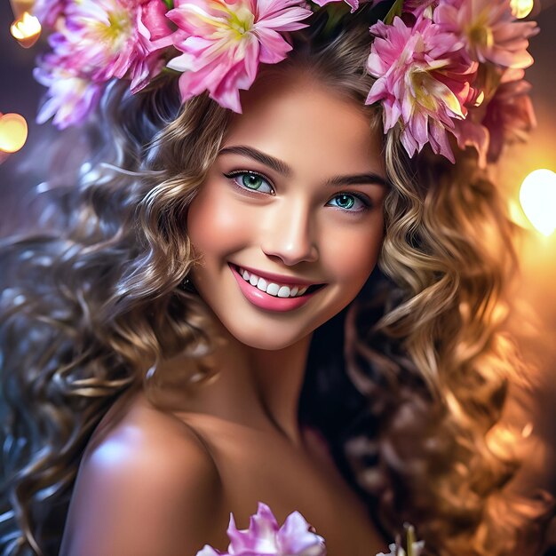 Portrait of a smiling girl with flowers on her hair