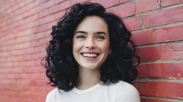 Portrait of smiling girl with healthy skin cute darkhaired woman on white wall