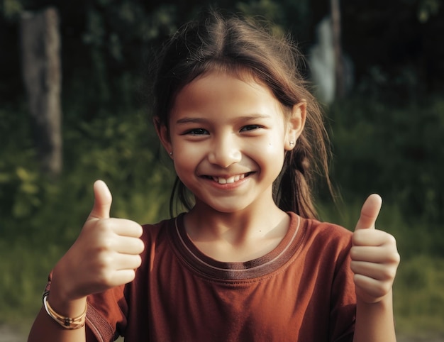 Portrait of smiling girl with the thumbs up gesture created with Generative AI technology