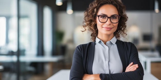 Photo portrait of a smiling glasses business woman with arms crossed in the office