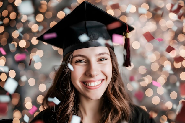 портрет улыбающейся выпускницы в академической шляпе, празднующей выпуск и новый этап жизни на вечеринке