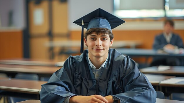 Portrait of smiling graduate in gown and hat young man in classroom