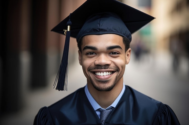 Portrait of a smiling graduate wearing his cap and gown created with generative ai