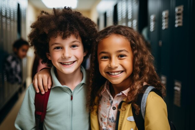 portrait of a smiling group of five young students kids in hallway with lockers in elementary