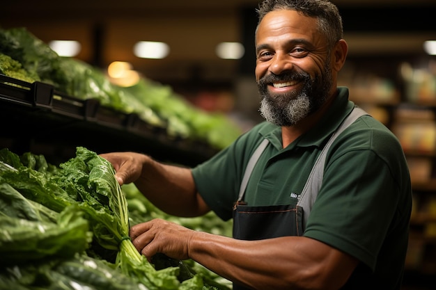 Portrait of a smiling handsome having a apron in supermarket