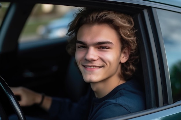Портрет улыбающегося красивого молодого человека, сидящего в своей машине снаружи, созданный с помощью генеративного ИИ