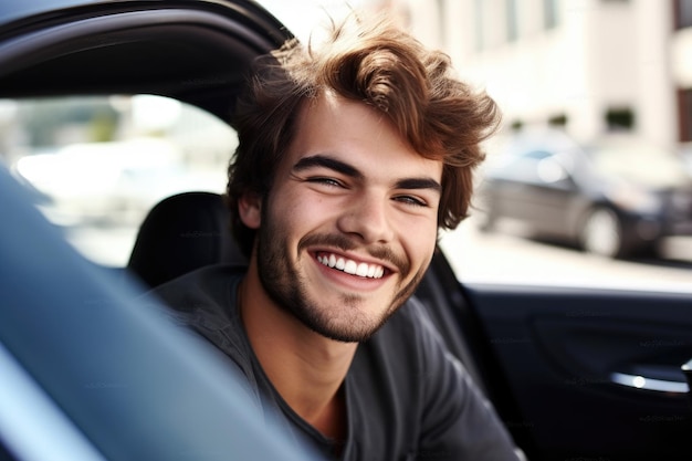 Portrait of a smiling handsome young man sitting in his car outside created with generative ai