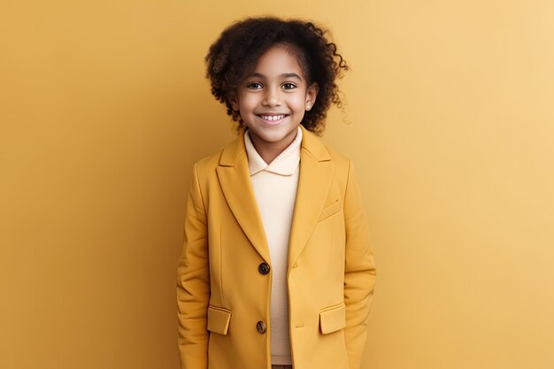 Photo portrait of smiling and happy african american boy dressed in smart suit and isolated on orange background