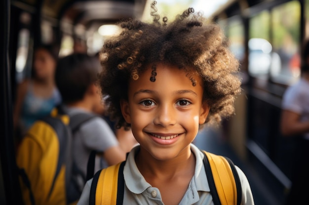 Portrait of a smiling happy elementary school multi ethnic boy against the background of a school bu