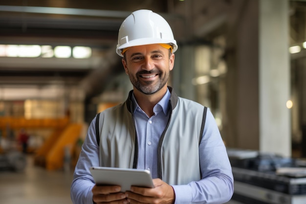 Portrait of smiling happy logistics specialist in protective helmet Logistician engineer or warehouse worker with tablet in modern spacious storehouse Responsible storage and distribution of goods