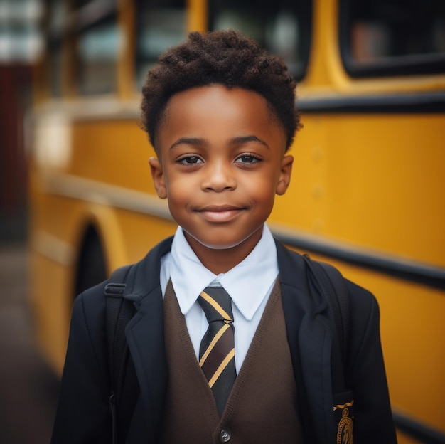 Portrait of a smiling happy multiethnic elementary school boy dressed in a formal school uniform wit