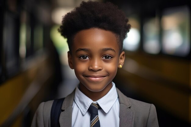 Portrait of a smiling happy multiethnic elementary school boy dressed in a formal school uniform wit