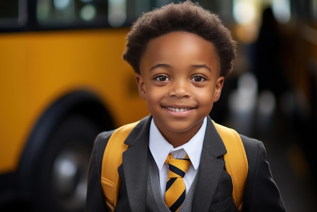 Portrait of a smiling happy multiethnic elementary school boy dressed in a formal school uniform wit