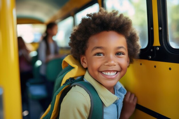Портрет улыбающегося счастливого мультиэтнического школьника с рюкзаком на спине на заднем плане