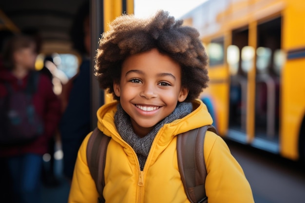 Portrait of smiling happy multiethnic elementary school boy with backpack on his back in the backgro