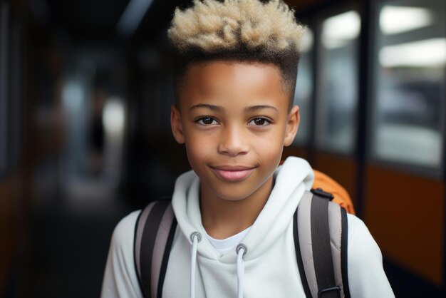 Portrait of smiling happy multiethnic elementary school boy with backpack on his back in the backgro