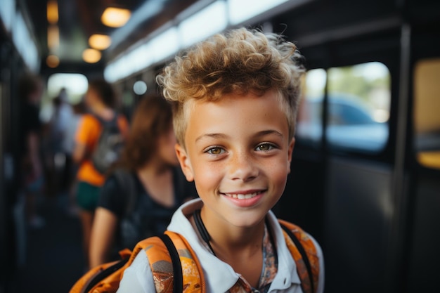 Portrait of smiling happy multiethnic elementary school boy with backpack on his back in the backgro