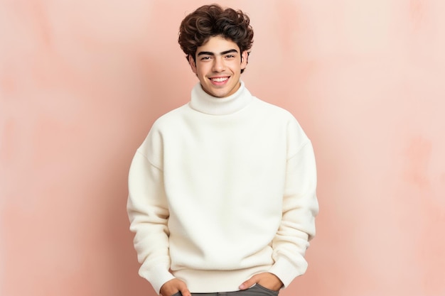스튜디오의 단단한 배경에 흰색 빈 스웨터를 입고 웃고 있는 행복한 청년의 초상화