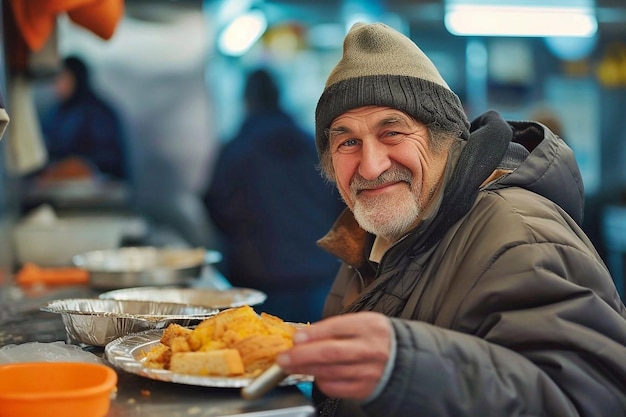 Photo portrait of a smiling homeless beggar with a plate of food on the street