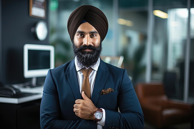 Портрет улыбающегося индийского бизнесмена с сложенными руками в офисе