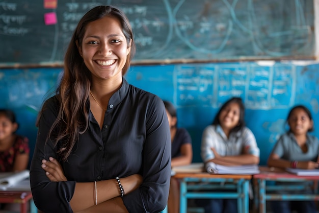 クラスルームで腕を交差させて立っている笑顔のインド人女性教師の肖像画