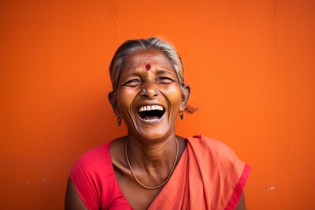 Portrait of a smiling Indian old woman on orange background
