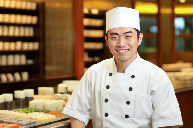 Foto ritratto di uno chef giapponese sorridente in uniforme