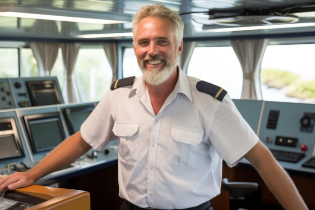 Portrait smiling joyful mature senior caucasian male man guy sailor deck professional captain