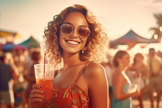 Portrait of smiling joyful young beautiful woman on summer party