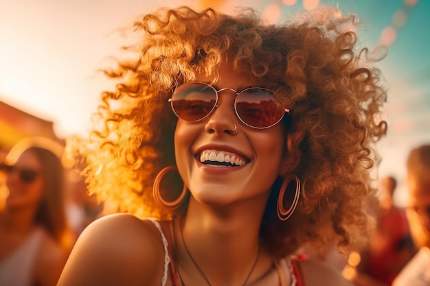 Portrait of smiling joyful young beautiful woman on summer party