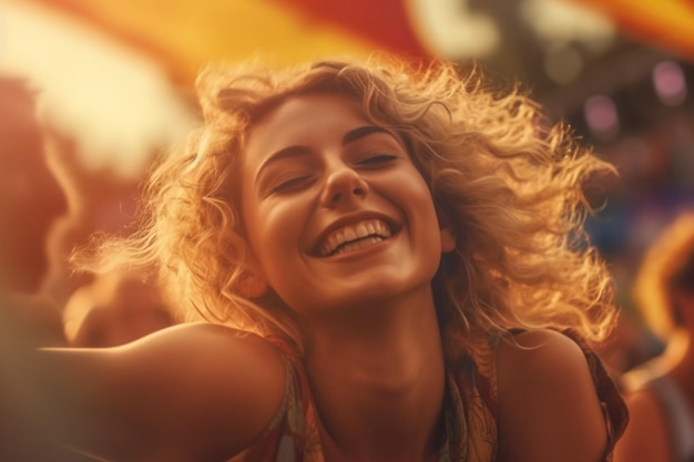 Портрет улыбающейся радостной молодой красивой женщины на летней вечеринке