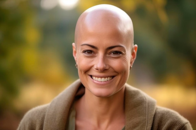 Photo portrait of smiling and joyful young woman hairless after struggle with oncology happy sick bald youth female with cancer feeling positive optimistic with recovery and remission generated ai