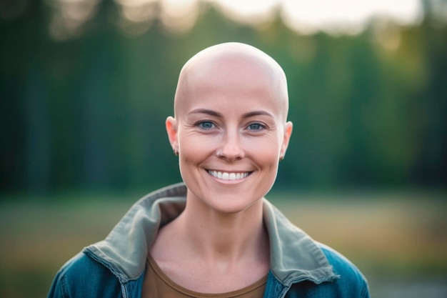 Foto ritratto di giovane donna sorridente e gioiosa senza peli dopo la lotta con l'oncologia felice giovane donna calva malata con cancro che si sente positivamente ottimista con il recupero e la remissione generata ai