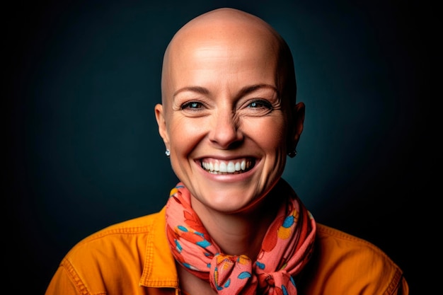 Портрет улыбающейся и радостной молодой женщины без волос после борьбы с онкологией Счастливая больная лысая молодая женщина с раком, чувствующая позитивный оптимизм с выздоровлением и ремиссией, созданный искусственным интеллектом