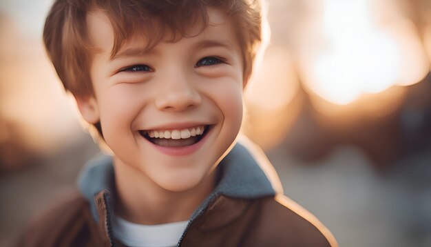 Foto ritratto di un ragazzino sorridente con una giacca marrone in una giornata di sole