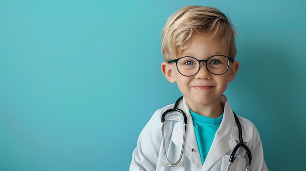 Portrait of a Smiling little boy in medical uniform Kid as a doctor on solid background