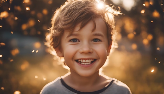 Портрет улыбающегося маленького мальчика в парке при заходе солнца