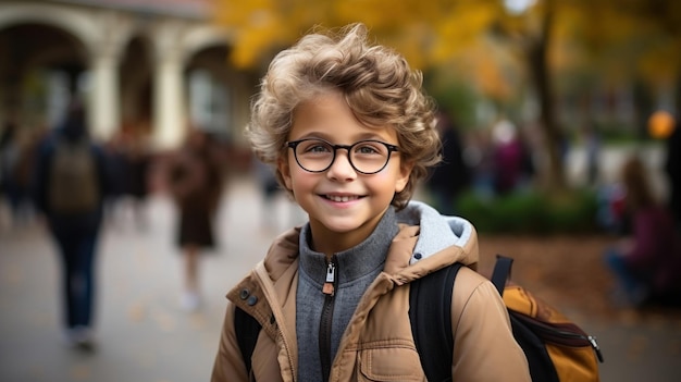 Portrait of a smiling little boy with glasses and backpack in the autumn park Generative AI