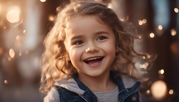 Photo portrait of a smiling little girl in a blue denim jacket