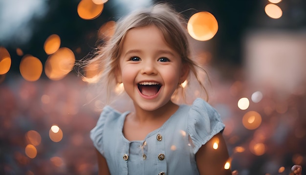 Foto ritratto di una ragazzina sorridente con un vestito blu sullo sfondo di ghirlande