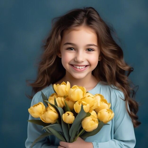 Portrait of a smiling little girl a child with a bouquet of yellow tulips on a blue isolated backgr