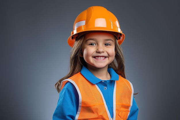 Portrait of a smiling little girl in a construction helmet